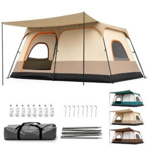 Aweshine Barraca De Camping Familiar Luxo 2 Quartos Para 8-12 Pessoas,Impermeavel 1000mm Tecido Oxford 330*210*180cm Cáqui