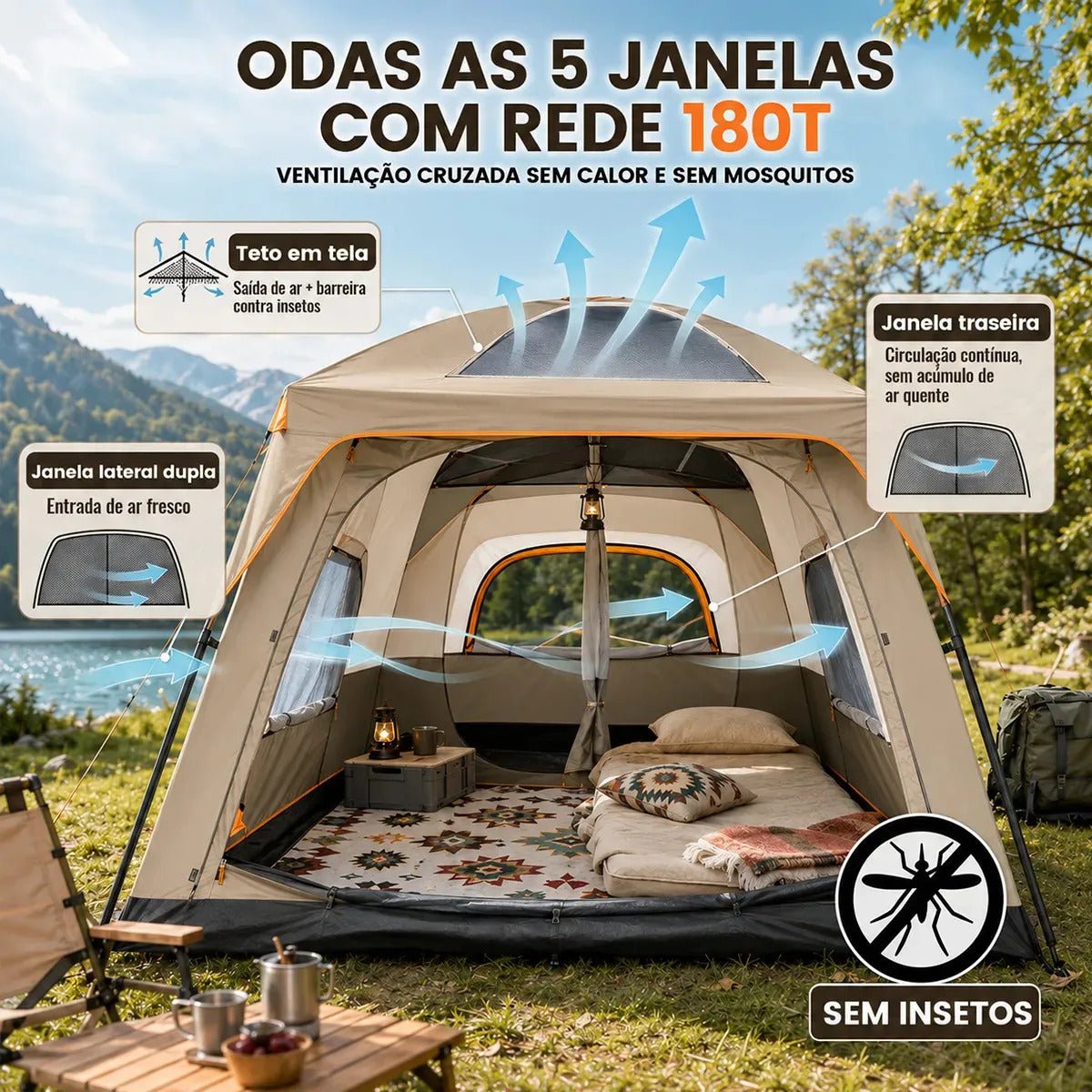 Aweshine Barraca De Camping Familiar Luxo 2 Quartos Para 8-12 Pessoas,Impermeavel 1000mm Tecido Oxford 330*210*180cm Cáqui - Imagem 4