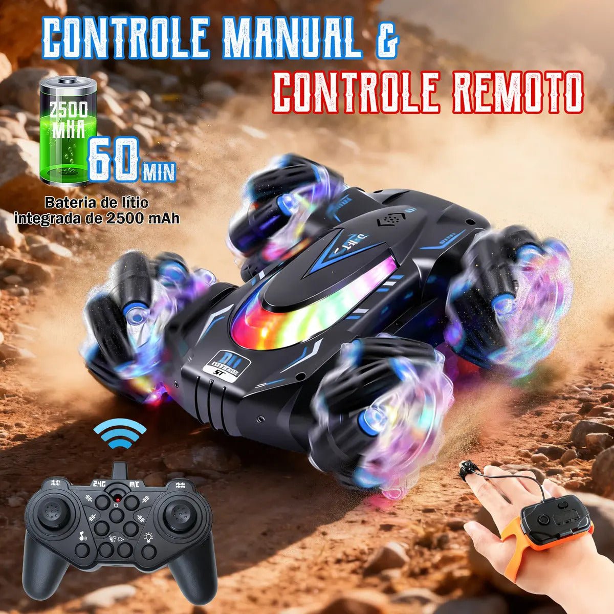Carrinho de Controle Remoto Acrobático Zavanese com Giro 360°, Luzes e Spray - Imagem 3