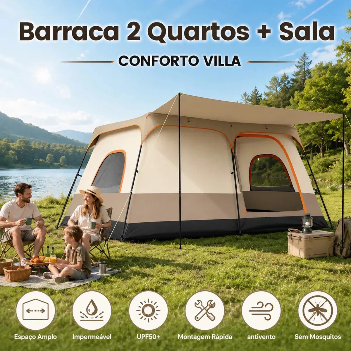 Aweshine Barraca De Camping Familiar Luxo 2 Quartos Para 8-12 Pessoas,Impermeavel 1000mm Tecido Oxford 330*210*180cm Cáqui - Imagem 2