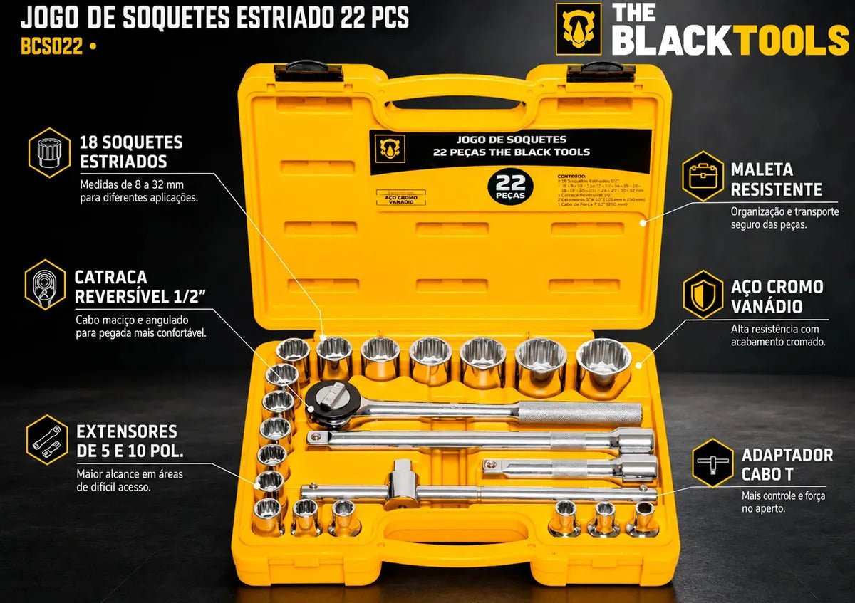Jogo Kit de Ferramentas Manuais Chave Catraca 1/2 8 a 32mm BCS022 The Black Tools Cor Amarelo - Imagem 4