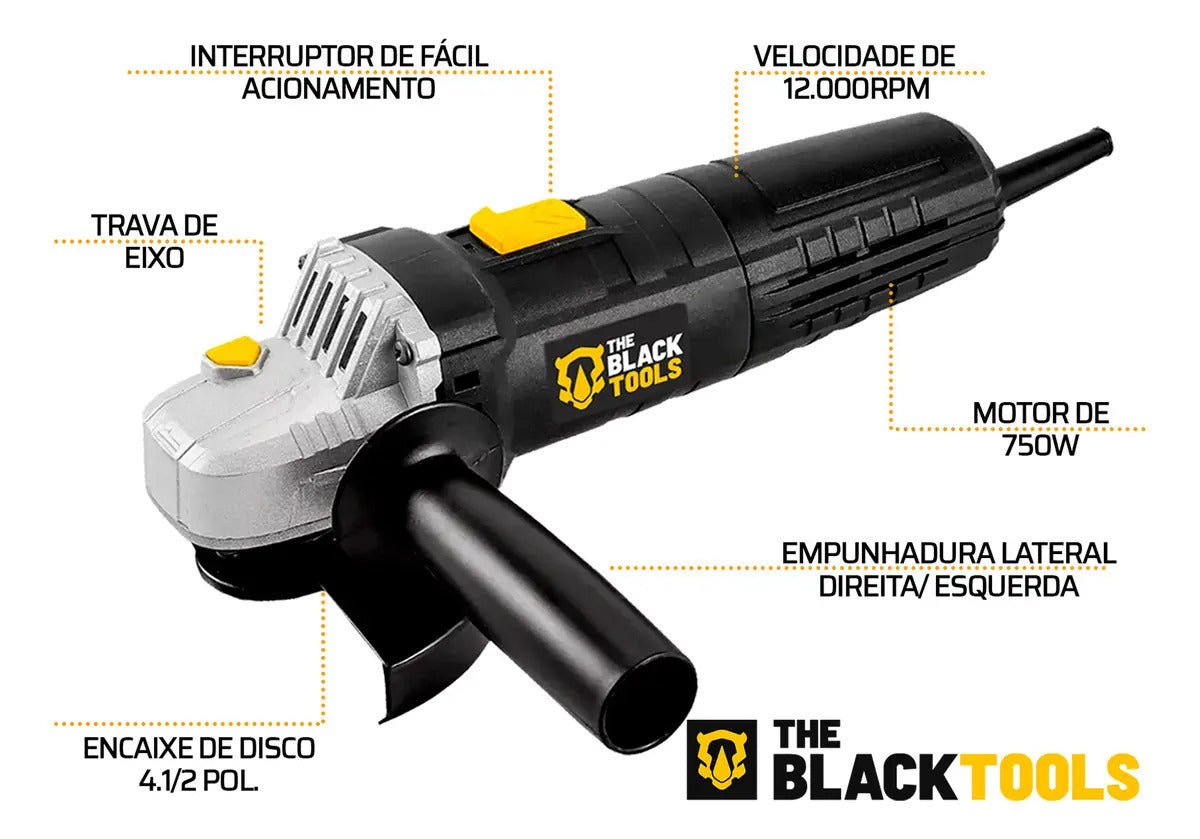 Esmerilhadeira Lixadeira Angular Bte750 4.1/2 750w Com Discos 4.1/2 The Black Tools - Imagem 7