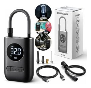 Mini Compressor de Ar Digital Portátil Recarregável USB-C Lumi para Pneus de Carro, Moto e Bicicleta Inflador Elétrico de Bolas e Infláveis Display LCD Alta Pressão Sem Fio Preto