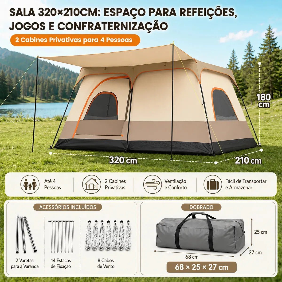 Aweshine Barraca De Camping Familiar Luxo 2 Quartos Para 8-12 Pessoas,Impermeavel 1000mm Tecido Oxford 330*210*180cm Cáqui - Imagem 10