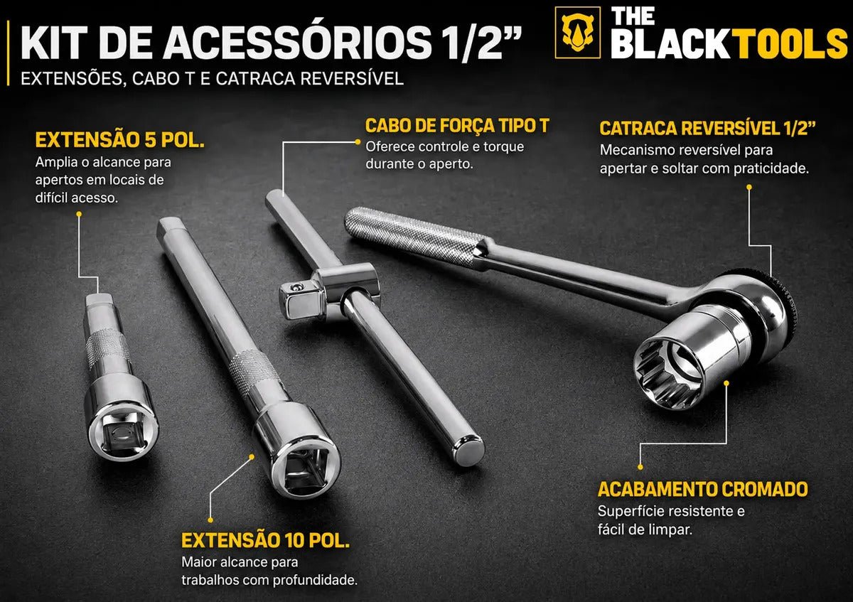 Jogo Kit de Ferramentas Manuais Chave Catraca 1/2 8 a 32mm BCS022 The Black Tools Cor Amarelo - Imagem 5